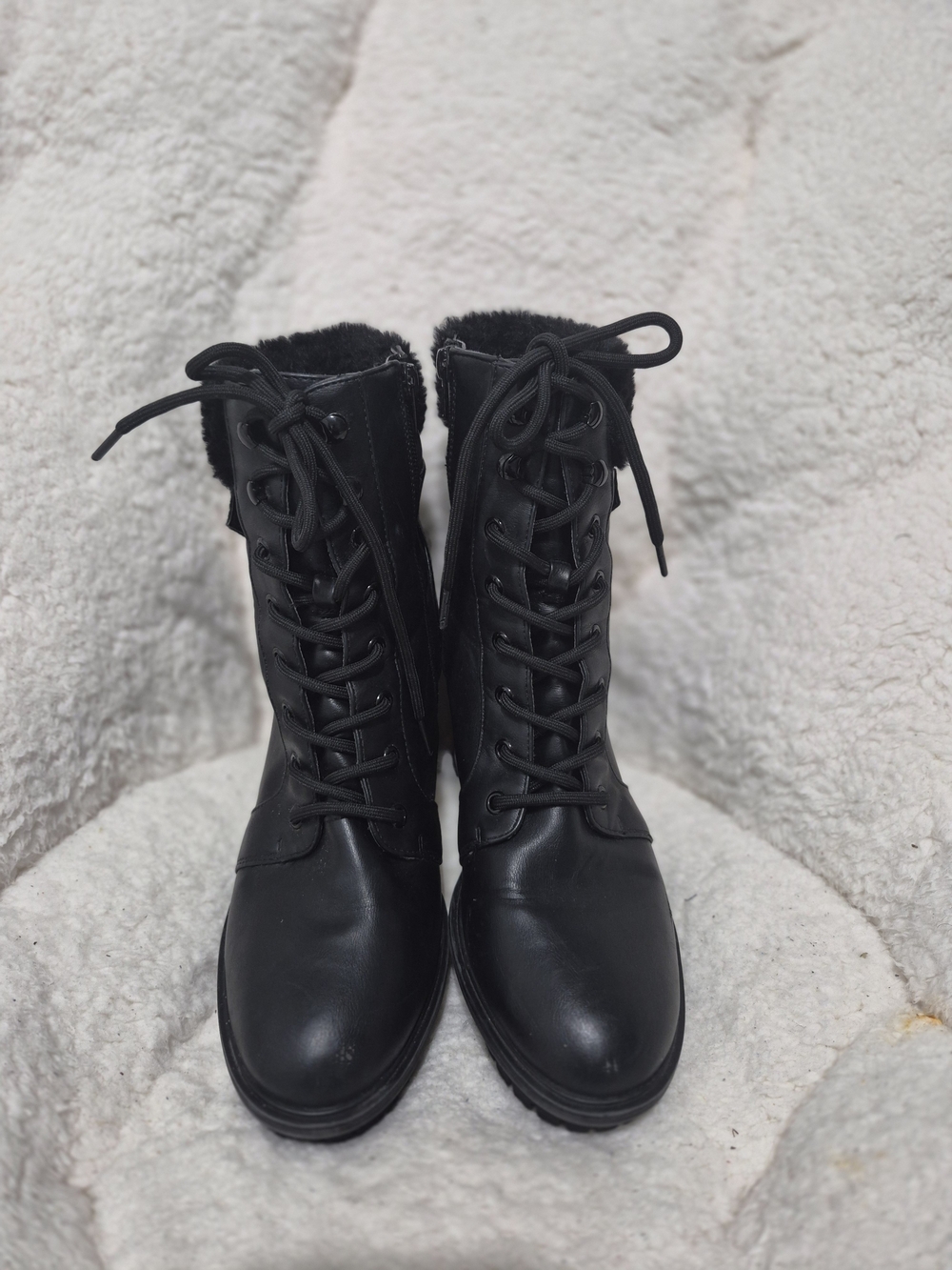 Guess Black Lace-Up Ankle Combat Boots with Faux Fur Trim